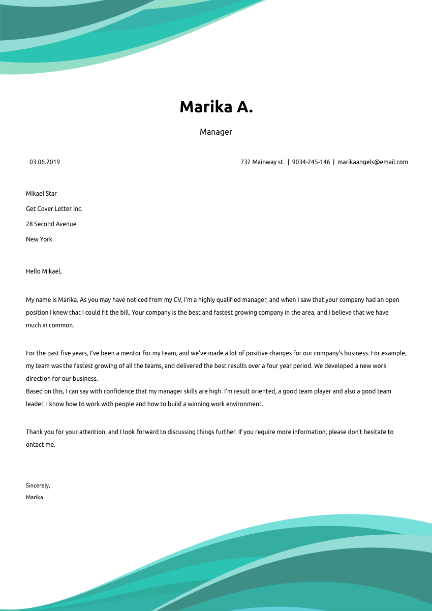image of a cover letter for a mental health therapist